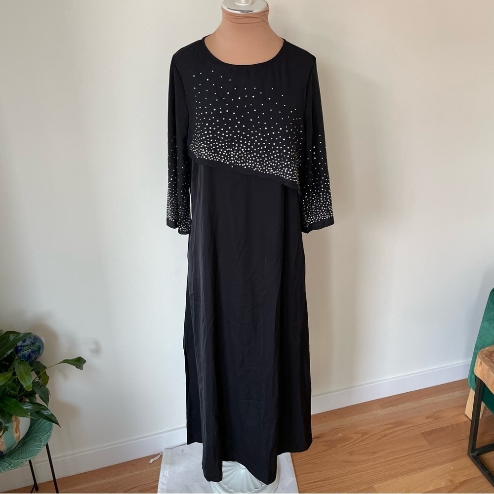 C.O.Z.Y. Black Rhinestone Detail 3/4 Sleeve Cotton Blend Evening Gown NWT Size 4
